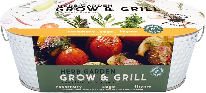 Buzzy Seeds Grow & Grill Organic Herb Kit - Metal Windowsill Planter - Complete Indoor/Outdoor Gardening Kit with Seeds, Coconut Husk Growing Medium & Genuine Pots - 100% Grow Guarantee