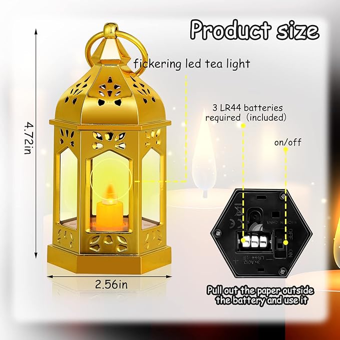 Hortsun 24 Pcs Vintage Lanterns Mini Lantern for Wedding Table Centerpiece Retro Decor with LED Candle Battery Powered Hanging for Medieval Wedding Cowboy Halloween Party Decoration Supplies(Glitter)