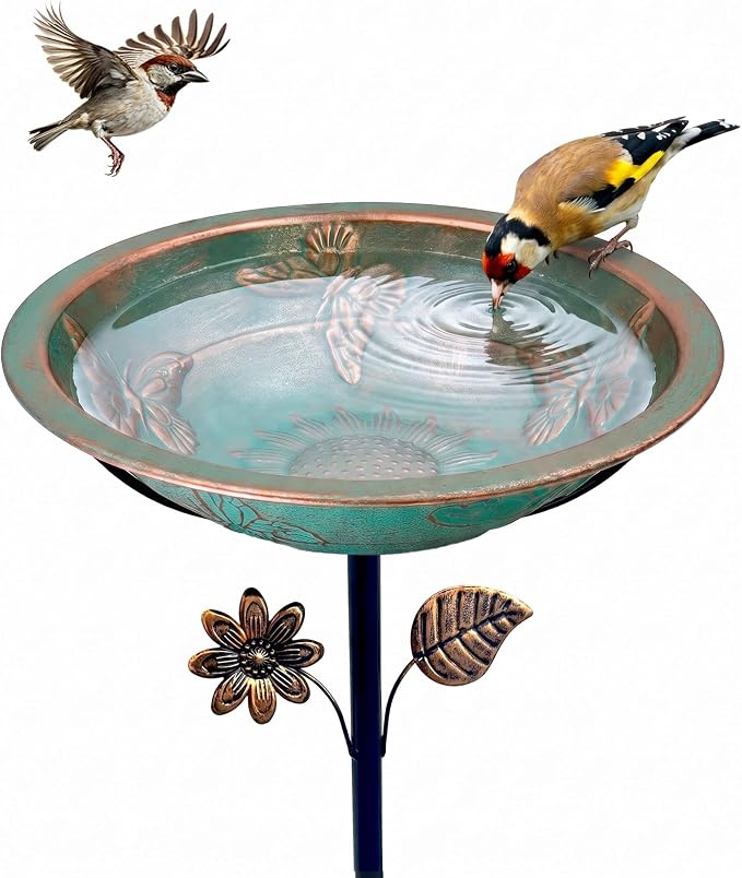 Metal Bird Bath for Outside, 13" Diameter Bird Bath with Removable Bowl, Heavy Duty 5-Prong Stake Base, Freestanding Outdoor Birdbath for Garden Patio Yard (Verdigris Butterfly & Sunflower)