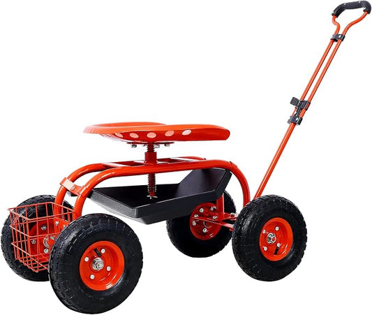 Rolling Garden Cart with Seat 360 Degree Swivel Seat Garden Scooter, Heavy Duty Garden Stool with Wheels, Utility Tool Tray Basket, Red