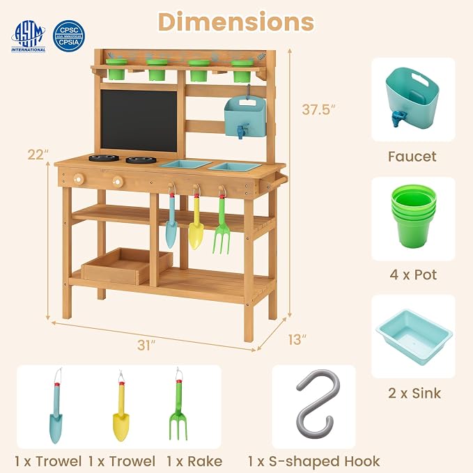 Costzon Mud Kitchen, Toddler Wooden Pretend Playset w/Faucet, Pots, Removable Sinks, Chalkboard, Stovetops & Planting Accessories, Mud Kitchen for Kids Outdoor, Garden, Backyard, Girls & Boys 3+