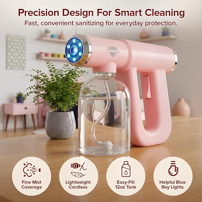 Continuous Spray Bottle for Plants, Hair & Skin, Multipurpose Nano Spray Machine with Blue Light, USB-C Rechargeable Plant Misters for Inside, Cordless Barber Spray Gun for Curly Hair & Styling, Pink