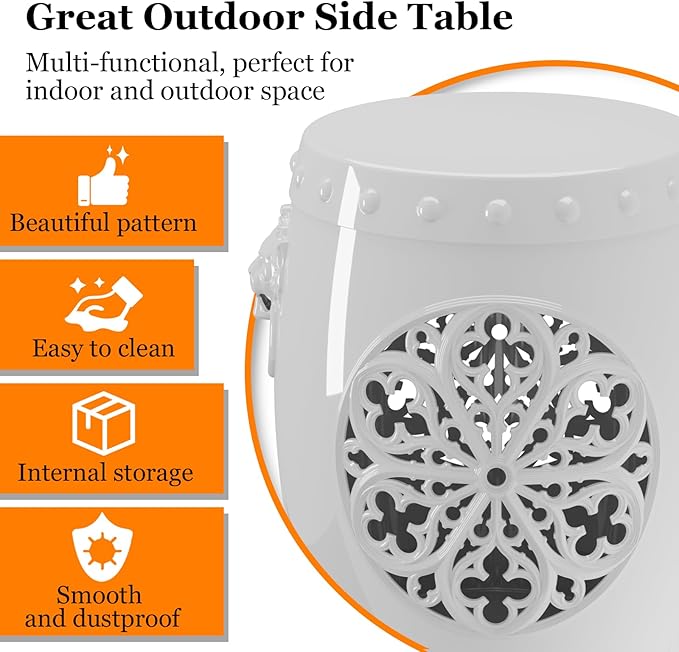 EasyUp Faux Ceramic Garden Stool, Decorative Drum Design, for Patio and Garden (White New)