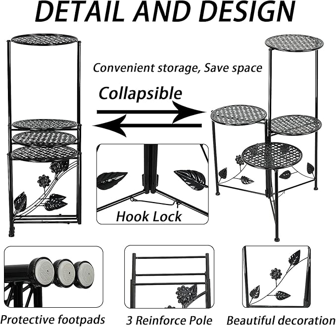 NAKUPE Plant Stand Indoor Outdoor, 4 Tier Corner Metal Flower Display Holder Shelf for Multiple Plants, 30" Tall Heavy Duty Planter Rack for Patio Garden Balcony Living Room, Black
