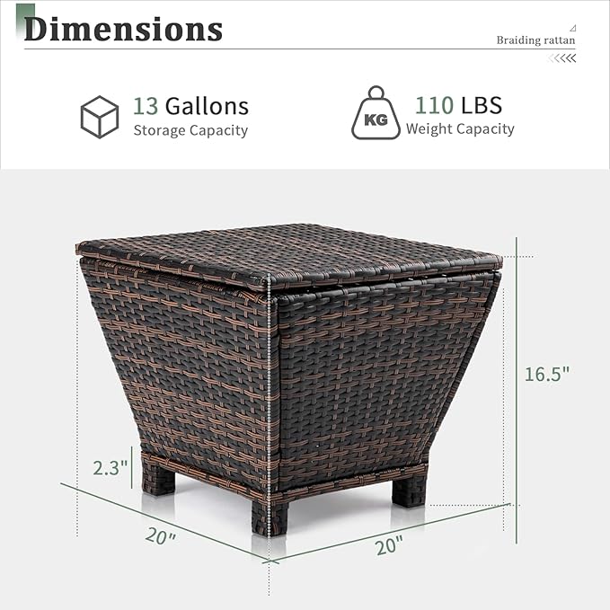 VINGLI Outdoor Side Table with Storage, 13-Gallon Patio Deck Box Outdoor Wicker Side Table for Poolside Balcony Storage Table (Brown, Trapezoid)