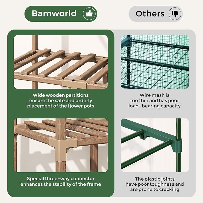 Bamworld Mini Greenhouse for Indoor Outdoor 22 x 16 x 66-Inch Small Plant Green Houses with 3-Tier Plant Shelves Portable with Green PE Cover for Garden and Backyards Ideal Gardening Gifts for Lovers
