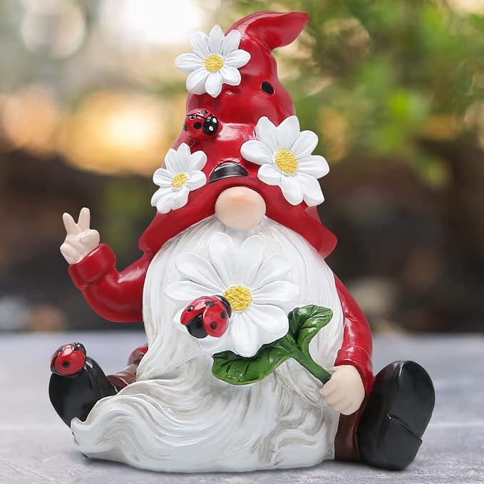Hodao Spring Gnome Figurine Ladybug Decor, Cute Resin Garden Gnome with Floral Hat, Indoor Outdoor Home Decorations, Shelf Desk Ornament, Seasonal Gift for Family Friends Housewarming Birthday