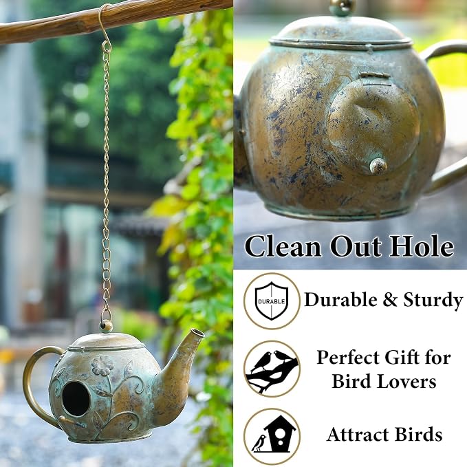Bird House, Teapot Hanging Bird House, Metal Bird Houses for Outside, Antique Cute Birdhouse, Unique Decorative Birdhouses for Outdoors Garden Patio Yard Lawn Backyard Decor