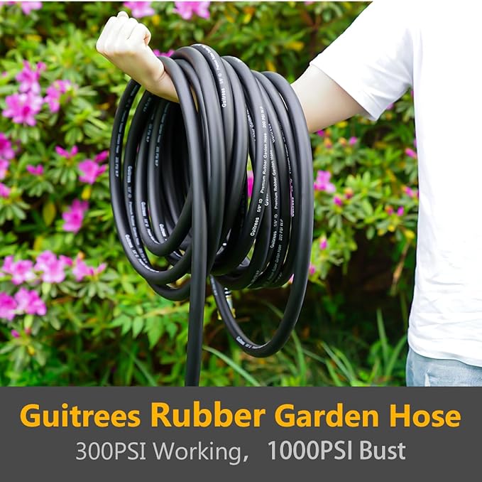 Guitrees 25FT 5/8 Heavy Duty Rubber Garden Hose - 300psi Working, 1000psi Burst - Hot/Cold Water - Five-Layered Braiding for Durability - Versatile for Gardening, Agriculture, Construction(Black)