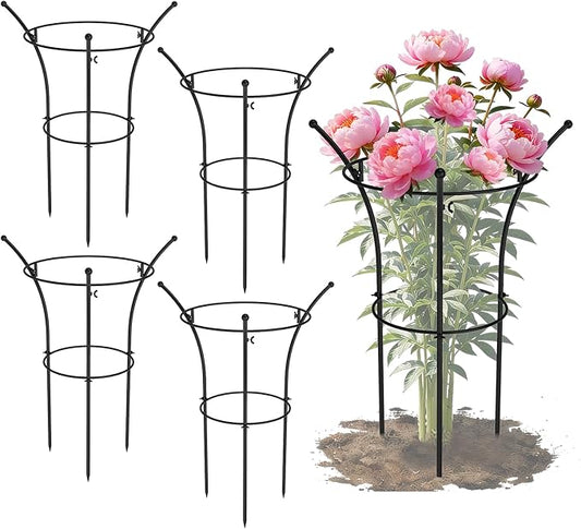 4 Pack Peony Cages and Supports, 12.5" Dx24 H Plant Supports for Outdoor Plants, Double-Ring Metal Peony Support Cage, Natural Bouquet Shape Plant Support Rings for Rose Tomato Hydrangea Strawberry