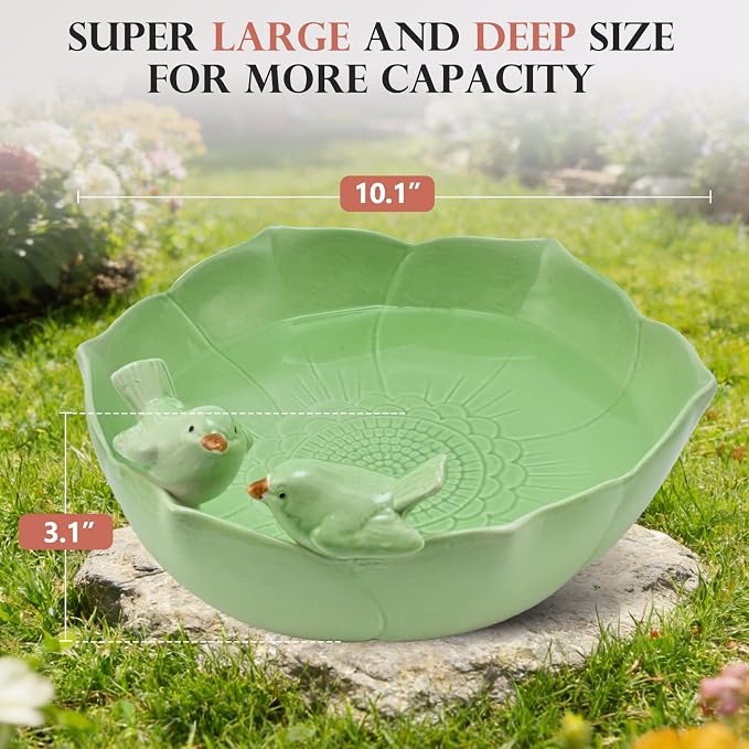Ceramic Bird Bath for Outdoors, 10.1” Glazed Ceramic Bird Baths Bowls and Feeders for Outside, UV/Frost-Resistant Finish Ground Garden Table Top Bird Baths Decor for Patio Yard Home Green