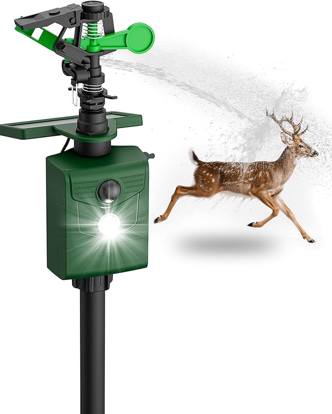 Motion Activated Sprinkler, Solar Animal Repellent Outdoor - 2 Packs Deer Cat Deterrent with Motion Sensor & Flashing Lights, IP65 Waterproof for Yard Garden Lawn Protection (Standard Model)