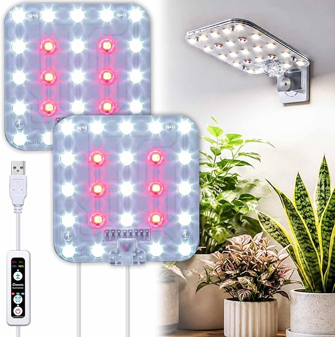 Full Spectrum LED Grow Light for Indoor Plants, 2 Panels 10W with 6/12/16h Timer Dimmable Plant Lights for Flower Veg Plant Growth USB,Daylight White, 1-Pack Kit