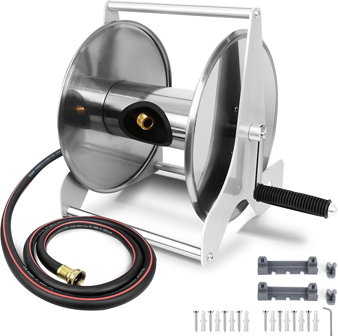 Stainless Steel Garden Hose Reel, Wall/Floor Mounted, Retractable with Crank, 135 Ft Capacity