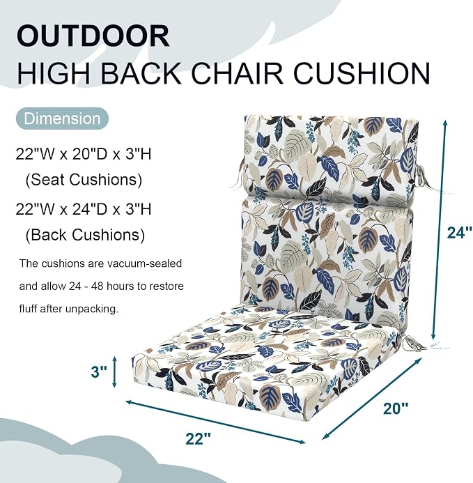 DYTXIII Outdoor High Back Chair Cushions Set of 2, 44"x22" Water Repellent Patio Seat Cushions with Elastic Sponge, All Weather Chair Pads for Rocking, Dining Chairs, Patio Furniture - Leaves Beige