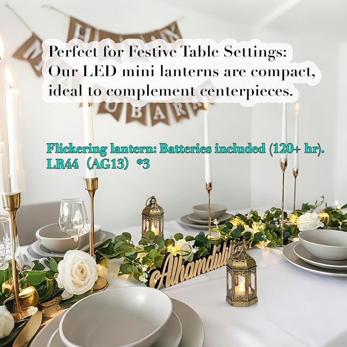 Mini Moroccan Lanterns with Flicker LED Candles Set of 12, Gold Vintage Decorative Hanging Lanterns for Ramadan, Christmas, Halloween, Wedding, Party, Table Centerpiece, ABS Plastic and Glass