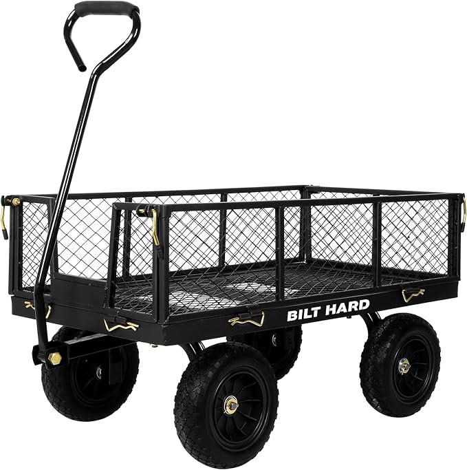 BILT HARD 10" Flat Free Tires Heavy Duty Garden Cart with 180° Rotating Handle and Removable Sides, 4 Cu.Ft 880 lbs Capacity Utility Steel Wagons for Outdoor, Yard