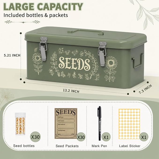 Seed Storage Organizer Box, 4 Compartment Locking Metal Case | Heirloom seed bank organizer provides professional greenhouse storage for master gardeners to secure valuable vegetable packs