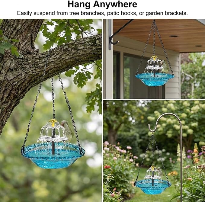 2026 Hanging Solar Bird Bath Fountain,3 Layers Hanging Bird Bath for Outside with Solar Fountain,Flowing Water Solar Pump & Plastic Bowl, for Outdoor, Gardens