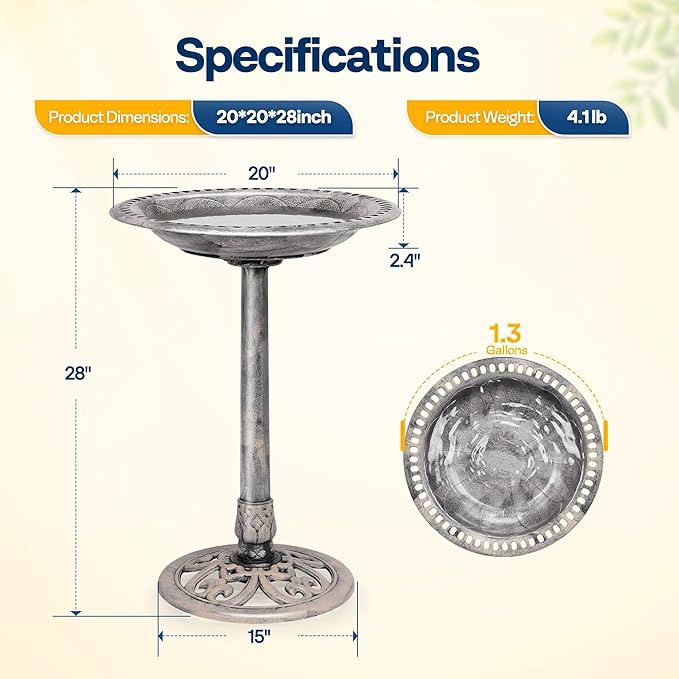 VIVOHOME Bird Bath for Outside, Polyresin Pedestal Bird Baths for Outdoor, Garden, 28 Inch Height Weather-Resistant Birdbaths with 20" Bowl, Gray