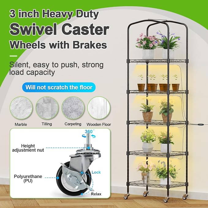 5-Tier Mini Greenhouse with Grow Light, Shelf Height Adjustable Metal Plant Shelf with PVC Cover and Wheels, Includes 4-Pack Full Spectrum Plant Lights, 11x16x57inch