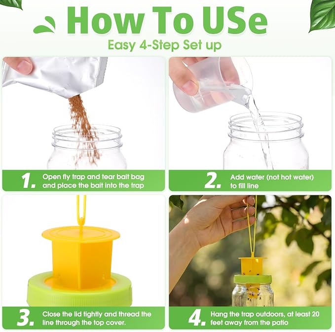 6 Pack Fly Traps Outdoor, Reusable Fly Catcher Bottles with Bait Hanging Flies Traps with Non-Toxic Dissolvable Bait Refills for Flying Insect Drain Patio Garden Yard Barn Outdoor