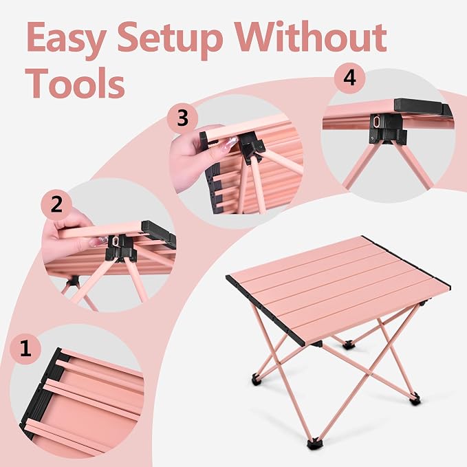 Grope Portable Camping Table with Aluminum Table Top, Folding Beach Table Easy to Carry, Prefect for Outdoor, Picnic, BBQ, Cooking, Festival, Beach, Home (Pink-L)