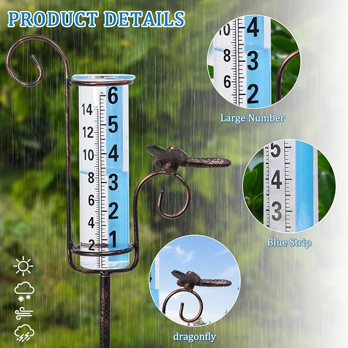 WONDER GARDEN Rain Gauge Outdoor, 6 Inch Capacity Large Number Easy Read Dragonfly Rain Measure Gauge for Lawn, Yard and Garden