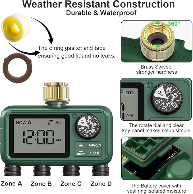 Water Timer for Outdoor Garden Hose, Sprinkler Timer for Garden Faucet with Auto/Manual/Rain Delay Mode, Sprinkler Irrigation Controller for Yard Lawn (4 Zones Brass Inlet)