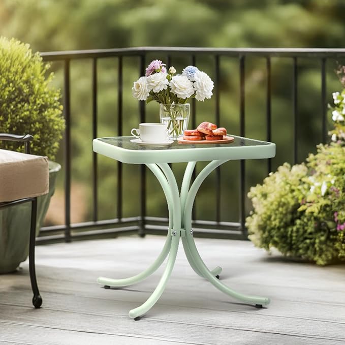 VINGLI Outdoor Side Table, 18" Patio Table Steel Frame Tempered Glass Top, Weatherproof Small Tables for Balcony Garden Poolside (Green, Square)