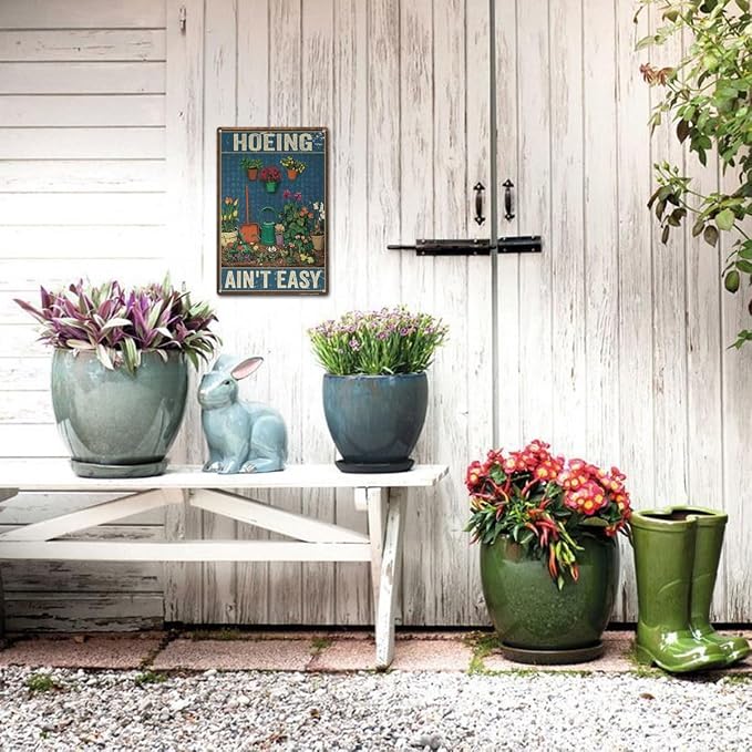 Funny Garden Sign – Hoeing Ain’t Easy | 12x8″ Vintage Metal Sign for Outdoor Garden Decor - Comical Gardening Gift for Women & Plant Lovers, 2485