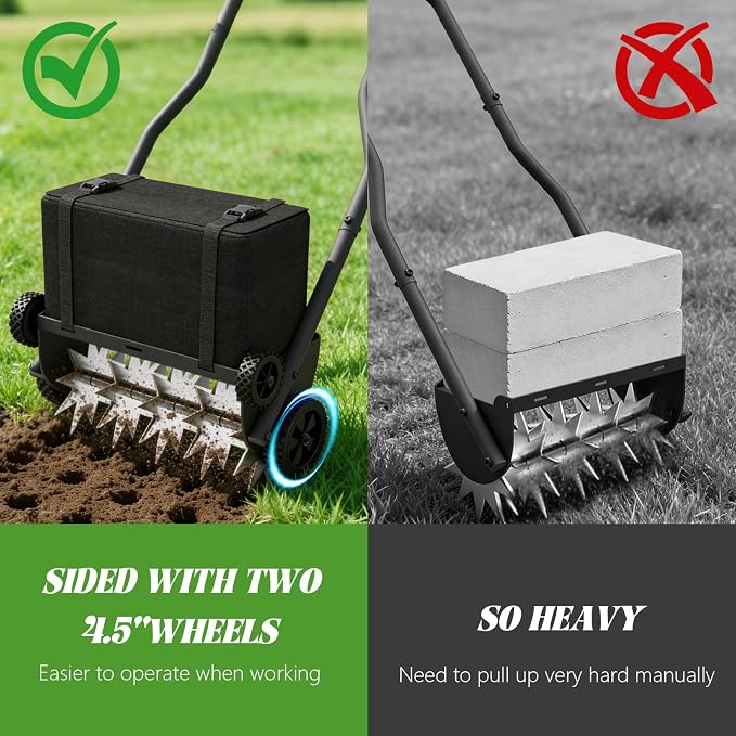 Lawn Aerator with Weight Bag, Heavy Duty Lawn Aerator Tool with 4 Wheels, Manual Lawn Aerators Tool with 43.3" Steel Handle, Core Aerator Lawn Tool Alternative for Lawn, Garden and Yard