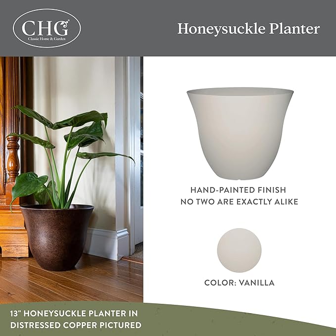 Classic Home and Garden by Growscape Honeysuckle Resin Planters - Lightweight Indoor & Outdoor Plant Pots - UV-Resistant Plastic Flower Pots - Pot Planters for Flowers & Herbs (15" Vanilla White)