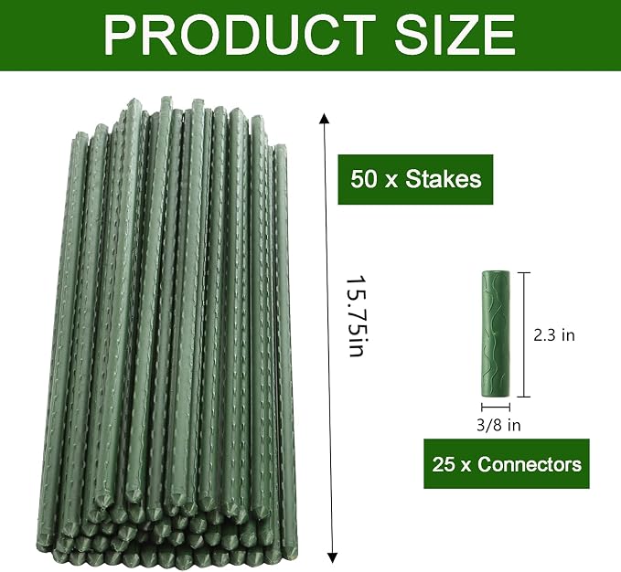 Frcctre 50 Pack 16 Inches Garden Stakes with 25 Connectors, Connectable Plant Support Stakes Plastic Coated Metal Tomato Sticks Plant Climbing Support for Tomatoes, Cucumber, Beans, Potted Plants