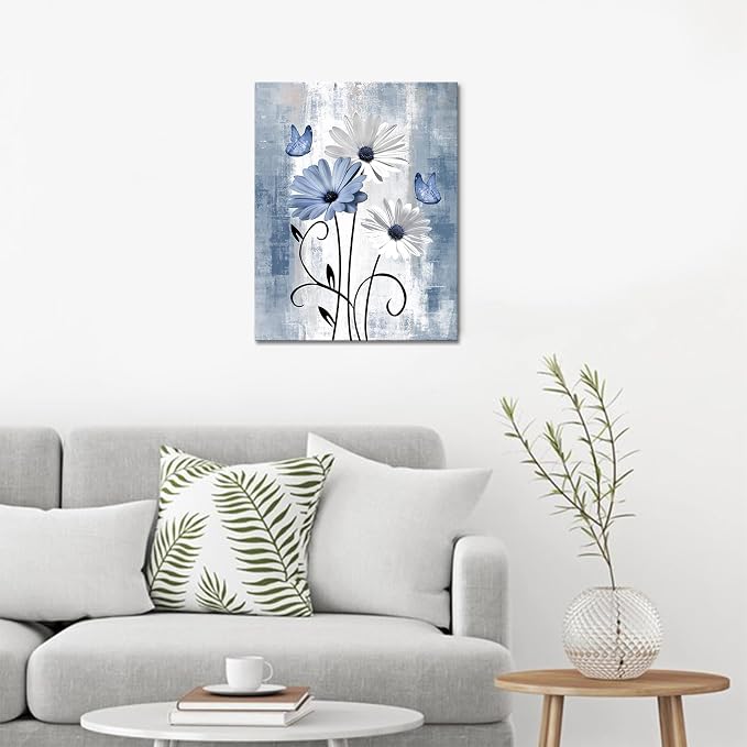 MYUSRE Blue and White Flower Wall Art for Bathroom, Farmhouse Daisy and Butterfly Paintings Rustic Wildflower Nature Plant Framed Canvas Wall Art for Living Room Bedroom Wall Decor, 20L X 16W inches