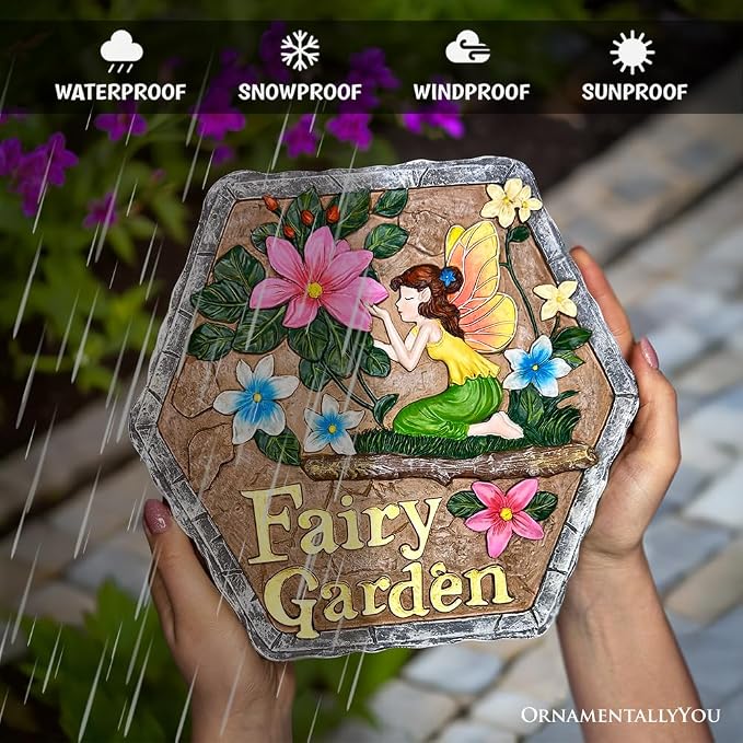 OrnamentallyYou Elegant Resin Stepping Stone, Outdoor Garden Pathway Decoration (Fairy Kisses and Flowers Garden Stepping Stone, 9.5" Outdoor Decoration Statue)