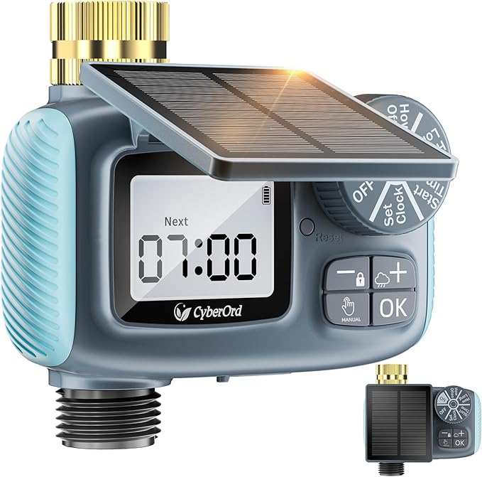 Solar Hose Timer, CyberOrd Sprinkler Timer Programmable with Brass Swivel, Programmable Faucet System for Garden Hose with Rain Delay/Manual/Automatic, Drip Irrigation System for Outdoor, Yard, Lawn