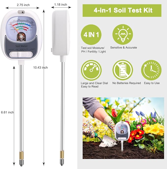HSLGOVE 4-in-1 Soil Test Kit – Soil Moisture Meter, pH, Fertility & Sun-Light, No Battery Required, Large Dial Soil Tester for Indoor & Outdoor Gardening, Lawn, Farm –Stonewhite