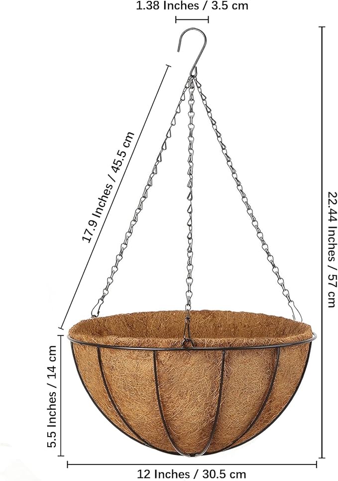 LCHUANG Hanging Baskets Planter for Plants - 2 Pack 12 Inch Metal Baskets with Coco Coir Liner, Hanging Flower Pots for Outside with Chain, Indoor Outdoor Garden Porch Decoration (12'' Pack of 2)