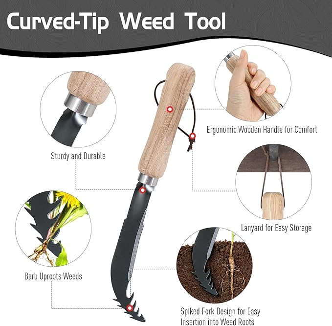 3-Pack Hand Weed Puller Tool, Stainless Steel Garden Trowel with Wooden Handle,L-Shaped Crevice Weeder,Curved-Tip Weed Tool for Effectively Pulling Out Weeds and Their Roots