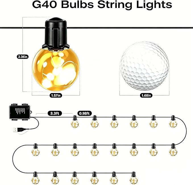 Outdoor String Lights Battery Powered, 22ft 20 G40 Warm White & Multicolor LED Bulbs Hanging Patio Lights Dimmable with Timer & Remote, IP65 Waterproof for Indoor Backyard Balcony Decor
