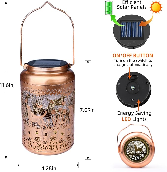 Dog Solar Lanterns Outdoor Waterproof Garden Decor Solar Lights Gifts for Women Men Mom Hanging Lantern LED Light Metal Dog Decoration Outside for Yard,Lawn,Porch,Patio,Tabletop