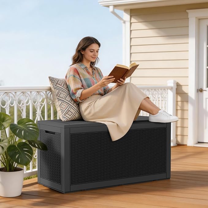 Mars Villa 100 Gallon Outdoor Storage Box, Resin Deck Box Waterproof for Patio Furniture Cushions, Pool Supplies, Gardening Tools, Weatherproof and UV Resistant