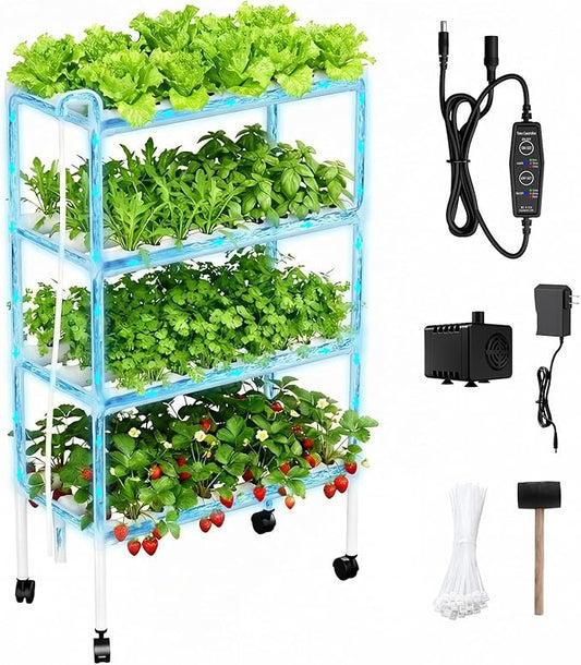 Hydroponics Growing System Kit with Wheels, 108 Plant Sites Gardening Aquaponics Tower, 4-Tier Food-Grade PVC-U Pipes Water Pump Timer for Leafy Vegetables, Indoor, Outdoor (34"x62"x15" in 108 Holes)