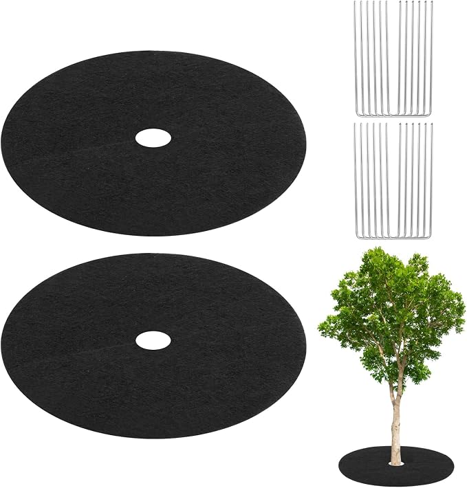 M METERXITY 2-Pack Non-Woven Tree Mulch Ring, 20.5 Inch Reusable Tree Protector Mat W 12 Garden Stakes for Landscape Control Plant Root Protection Tree Ring Weed Fabric Cover [Black]