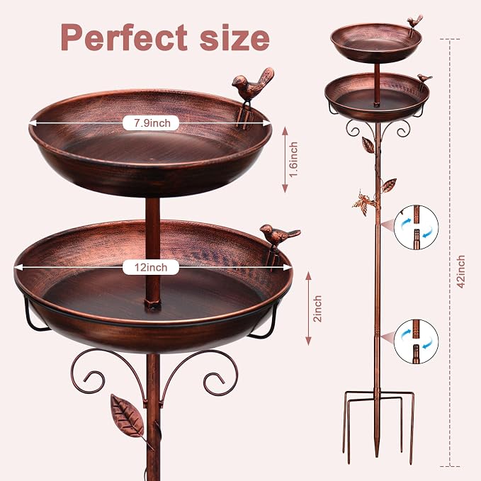 Bird Bath for Outside, 2-in-1 Birdfeeder and Bath, 42 Inch Tall Stand with Hummingbird, Large 12Inch & Small 7.9Inch BirdBaths Bowl, 3 Bird Decor for Garden, Antique Bronze