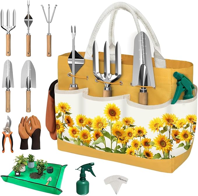 22Pcs Gardening Tools Set for Women Heavy Duty Garden Hand Tool Kit,Birthday Gifts for Mom Wife Grandma Beginner,Gardening Accessories with Sunflower Tote Bag/Shovel/RepottingMat/Plant Labels/Gloves