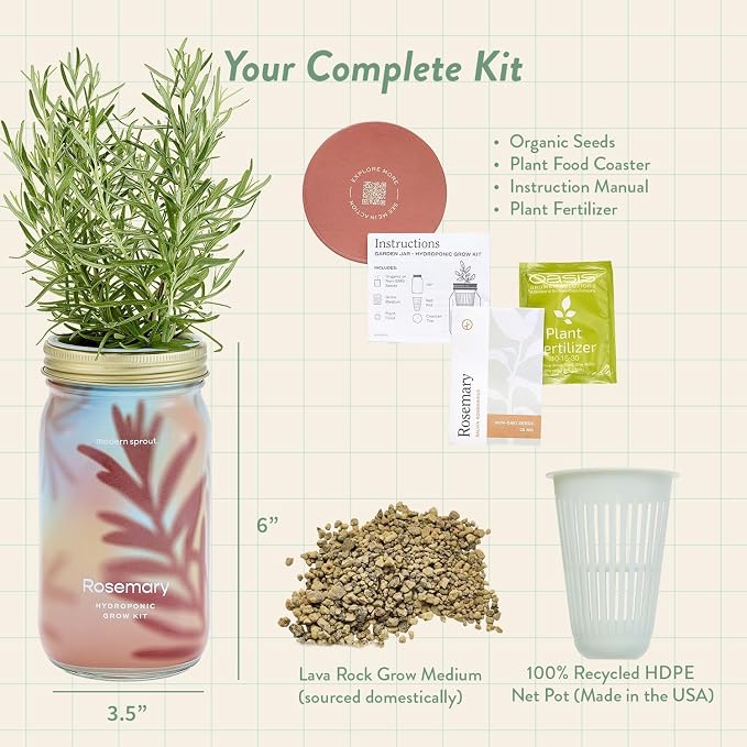 Modern Sprout Garden Jars+Smart Growbar Bundle- Self-Watering Hydroponic Herb Growing Kit with Full-Spectrum LED Grow Light, Organic Herb Seeds, Smart App, Adjustable Brightness, Gift for Mother's Day