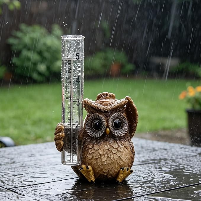 Owl Rain Gauge for Yard Patio, Cute Small Rain Collector Decorative, Unique Outdoor Gardening Garden Ornament with Tube for Home Garden, Deck, Porch, Backyard, Patio & Lawn (Khaki)