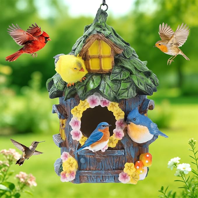 Bird Houses for Outside Real Wood-Look Birdhouse with Blue Bird – Hand-Painted Resin Birdhouses for Outdoors for Bluebird Finches Cardinals Bird Nesting Garden, Patio, Yard